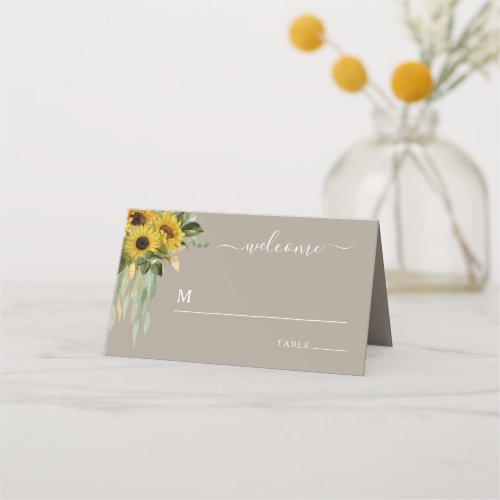 Sunflower Eucalyptus Taupe Fall Wedding Place Card