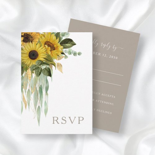 Sunflower Eucalyptus Taupe Fall Wedding RSVP Card