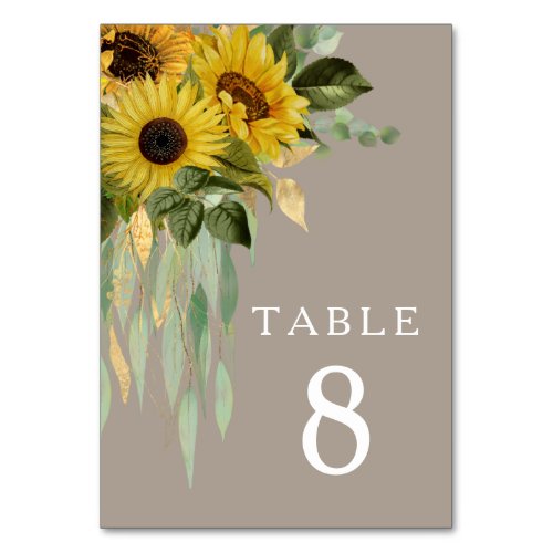 Sunflower Eucalyptus Taupe Fall Wedding Table Number