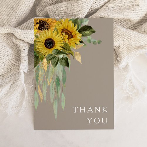 Sunflower Eucalyptus Taupe Fall Wedding Thank You Card
