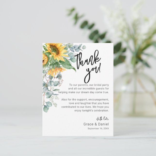 Sunflower Eucalyptus Thank You Reception Card (Standing Front)