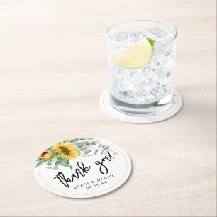 Sunflower Eucalyptus Thank You Wedding Favor Round Paper Coaster