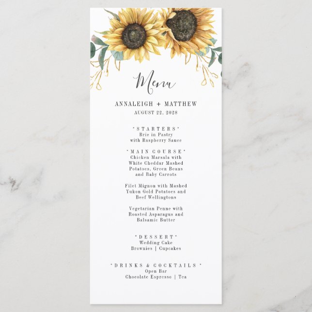 Sunflower Eucalyptus Watercolor Botanical Wedding Menu (Front)