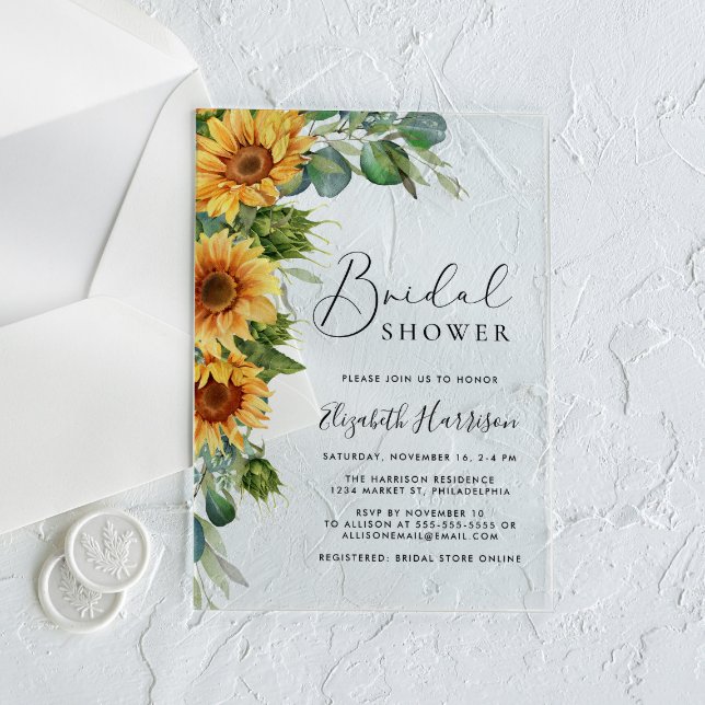 Sunflower Eucalyptus Watercolor Bridal Shower Acrylic Invitations (Make her bridal shower unforgettable with stunning acrylic invitations—modern, elegant, unique!)