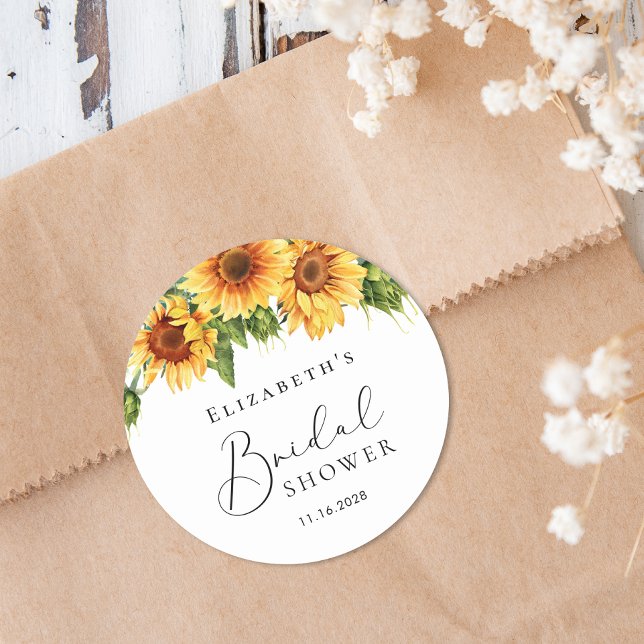 Sunflower Eucalyptus Watercolor Bridal Shower Classic Round Sticker (Creator Uploaded)