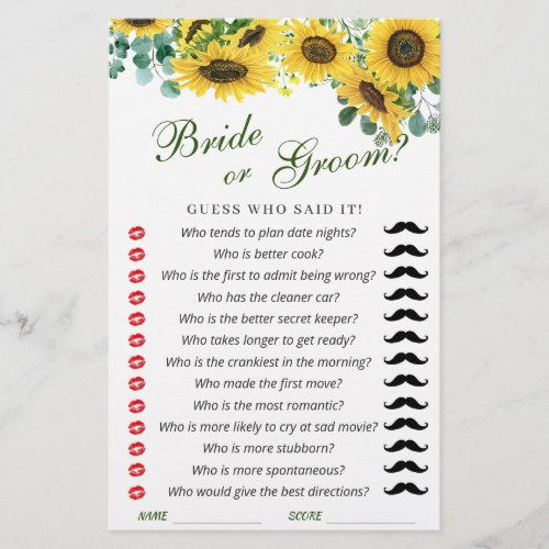 Sunflower Eucalyptus Watercolor Bridal Shower Game