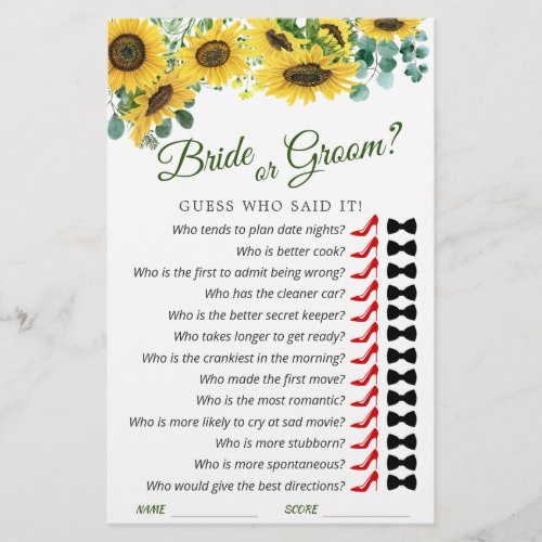 Sunflower Eucalyptus Watercolor Bridal Shower Game