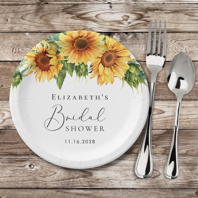 Sunflower Eucalyptus Watercolor Bridal Shower Paper Plates (Creator Uploaded)