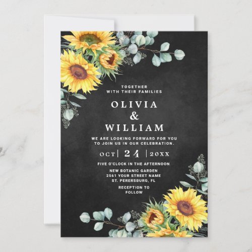 Sunflower Eucalyptus Watercolor Chalkboard Wedding Invitation
