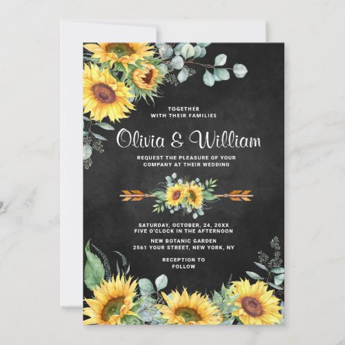 Sunflower Eucalyptus Watercolor Chalkboard Wedding Invitation