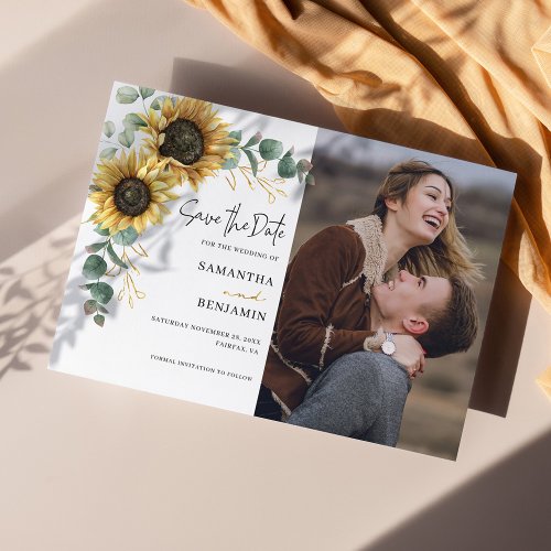 Sunflower Eucalyptus Watercolor Photo Wedding Save The Date