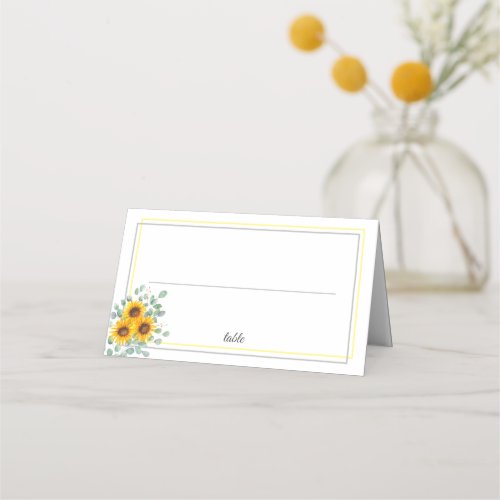 Sunflower Eucalyptus Watercolor Wedding Place Card