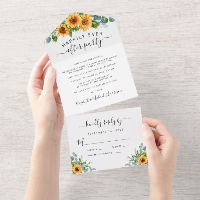Sunflower Eucalyptus Watercolor Wedding Reception All In One Invitation (Tearaway)