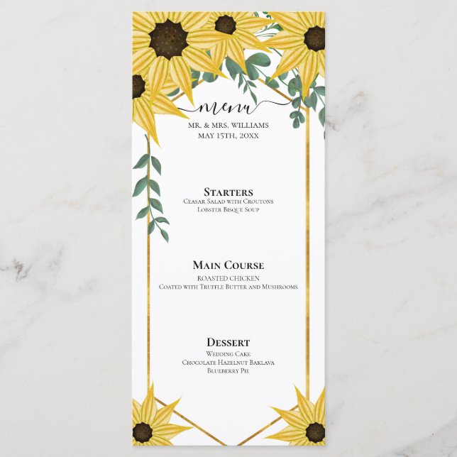Sunflower Eucalyptus Watercolor Yellow Floral Menu (Front)