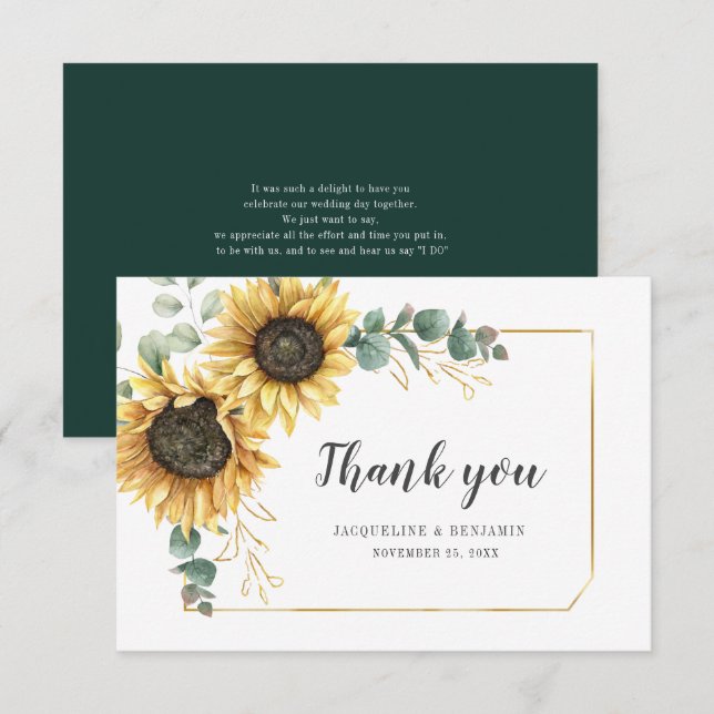 Sunflower Eucalyptus Wedding Day Floral Thank You Note Card (Front/Back)