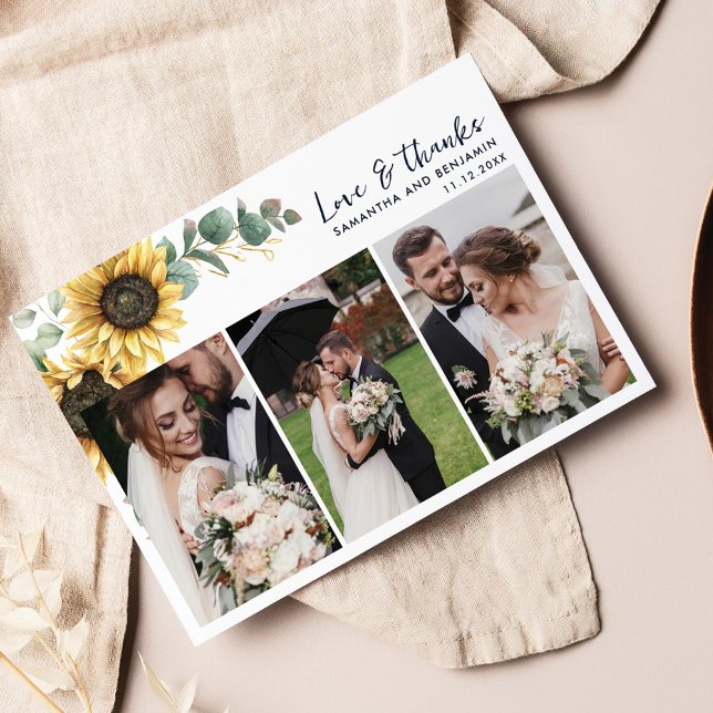 Sunflower Eucalyptus Wedding Day Photos Thank You Card (Love and Thanks Wedding Day Photos Thank You Card)