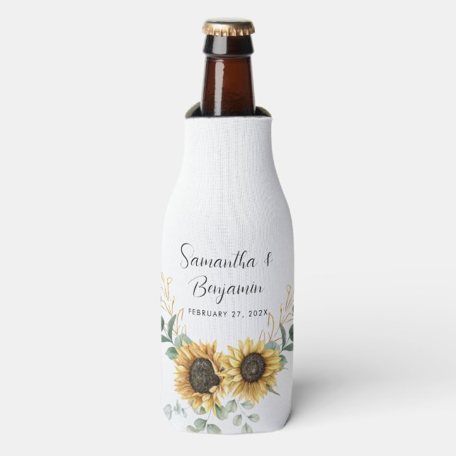 Sunflower Eucalyptus Wedding Favor Bottle Cooler (Bottle Front)