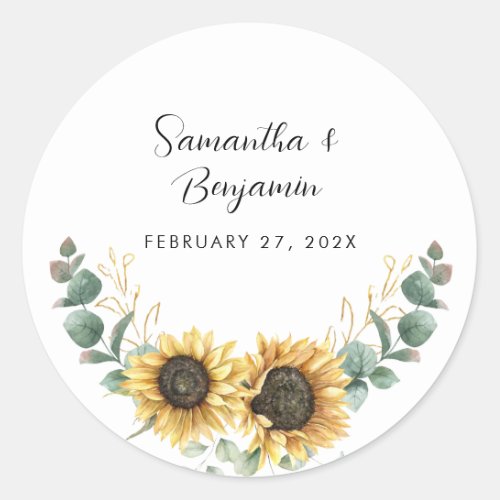 Sunflower Eucalyptus Wedding Favor Classic Round Sticker