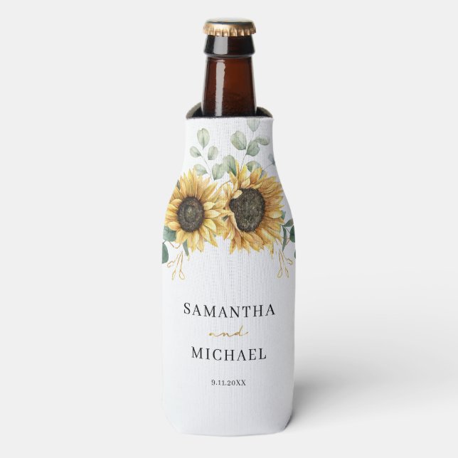 Sunflower Eucalyptus Wedding Favor Greenery Bottle Cooler (Bottle Front)