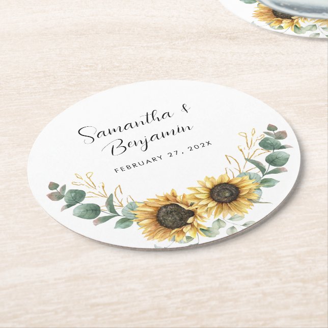 Sunflower Eucalyptus Wedding Favor Round Paper Coaster (Angled)