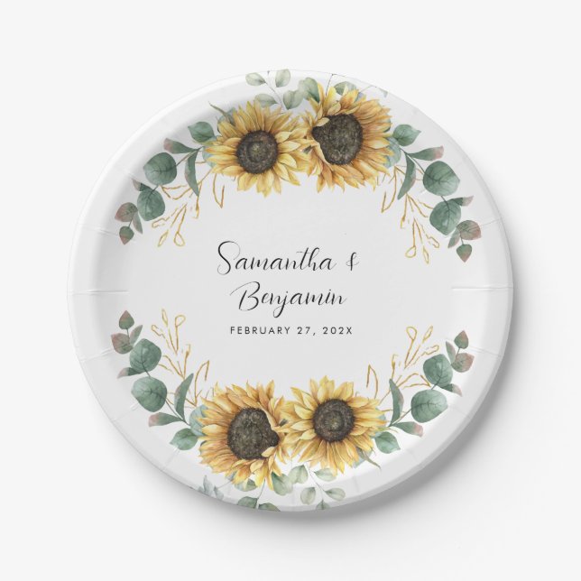 Sunflower Eucalyptus Wedding Party Paper Plates (Front)