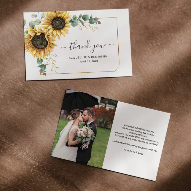 Sunflower Eucalyptus Wedding Photo Thank You Note Card | Zazzle
