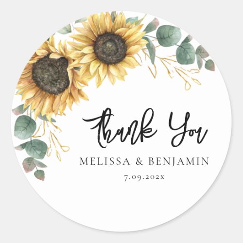 Sunflower Eucalyptus Wedding Script Thank You Classic Round Sticker