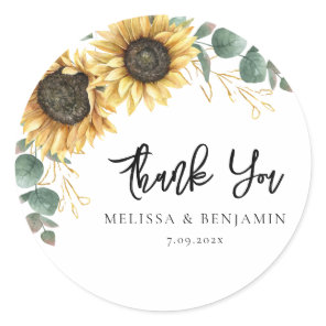 Sunflower Eucalyptus Wedding Script Thank You Classic Round Sticker
