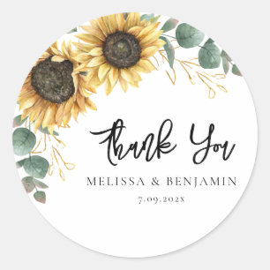 Sunflower Eucalyptus Wedding Script Thank You Classic Round Sticker