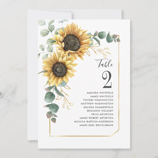 Sunflower Eucalyptus Wedding Table Number Seating (Front)