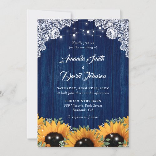 Sunflower Eucalyptus Wood Lace Navy Blue Wedding Invitation