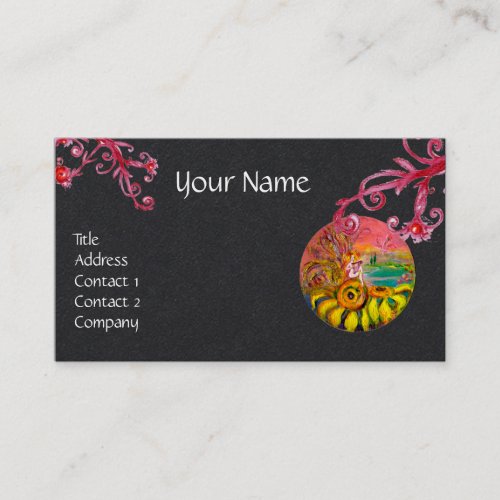 SUNFLOWER FAIRY Purple Red Flourishes Black Paper Business Card