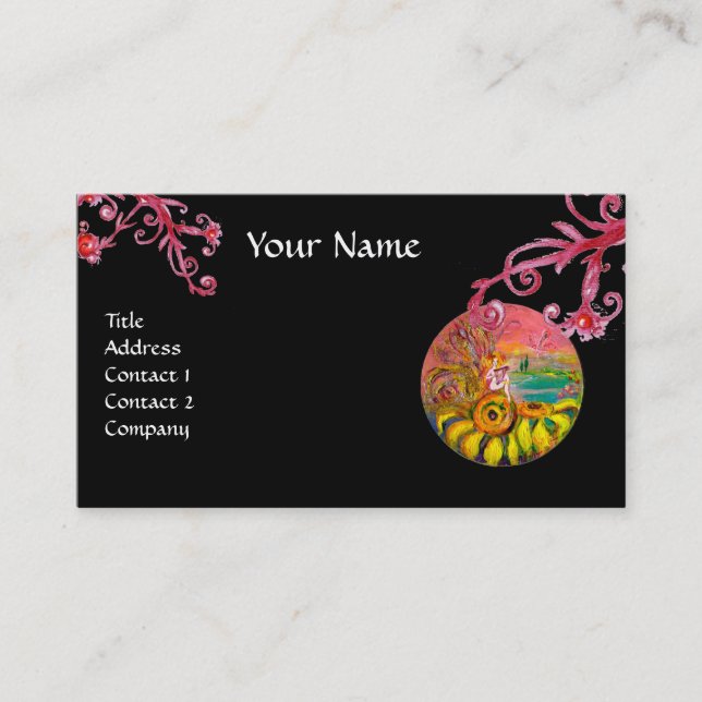 SUNFLOWER FAIRY ,Purple Red Flourishes in Black Business Card (Front)