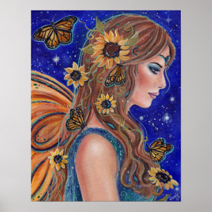 Sunflower fairy with butterflies art by Renee Poster