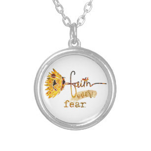 Sunflower Faith over Fear Quote Silver Plated Necklace