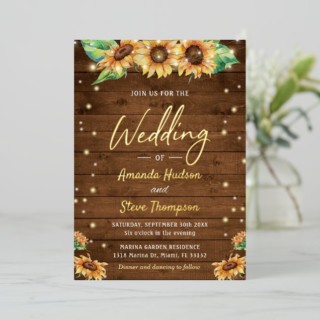 Sunflower Fall Autumn Rustic Country Wedding Gold Foil Invitation (Standing Front)