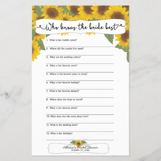 Sunflower Fall Bridal Shower Games, 3632