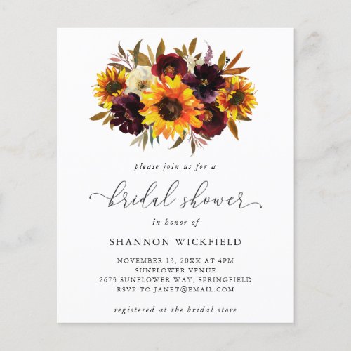 Sunflower Fall Budget Bridal Shower Invitation Flyer