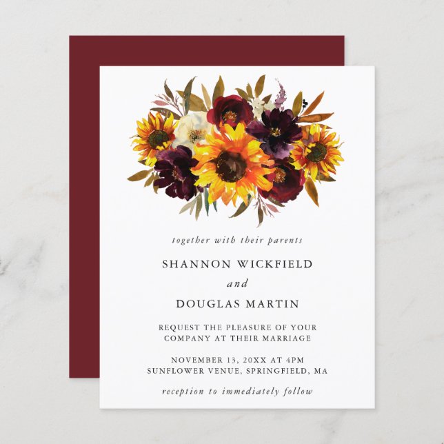 Sunflower Fall Floral Budget Wedding Invitation (Front/Back)