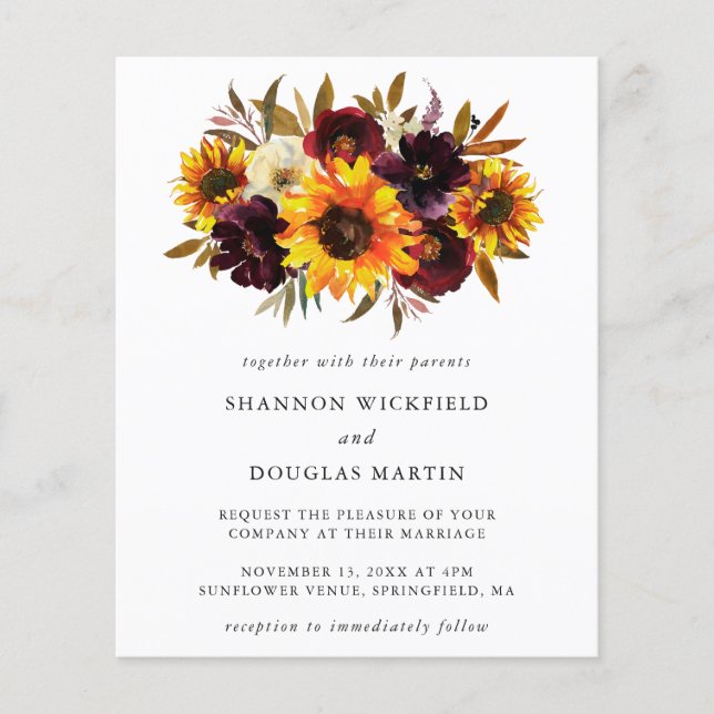 Sunflower Fall Floral Budget Wedding Invitation Flyer (Front)