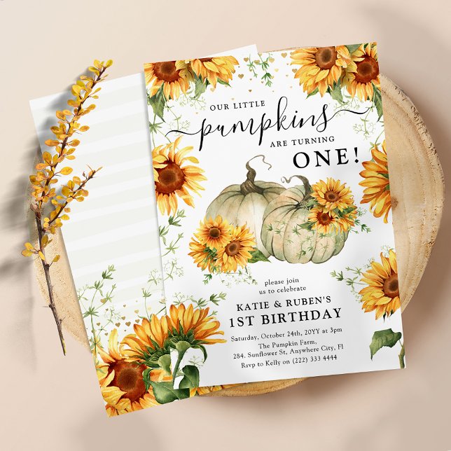 Sunflower Fall Pumpkins Twins 1st Birthday Invitation (Creator Uploaded)