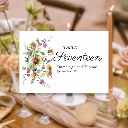 Sunflower Fall Watercolor Floral Wedding Table Number