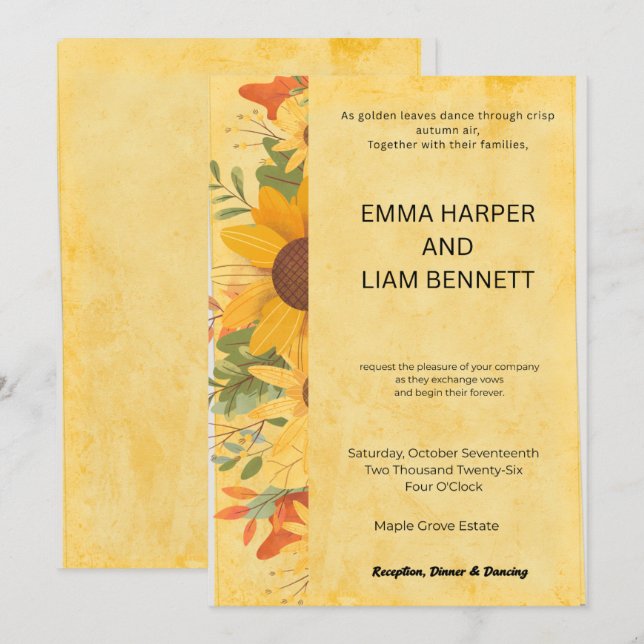 Sunflower Fall Wedding Invitation | Editable Autum (Front/Back)