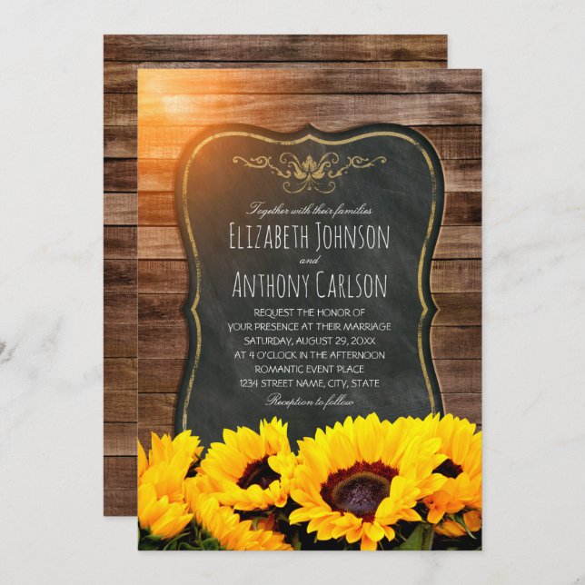 Sunflower Fall Wedding Rustic Chalkboard Invitation (Front/Back)