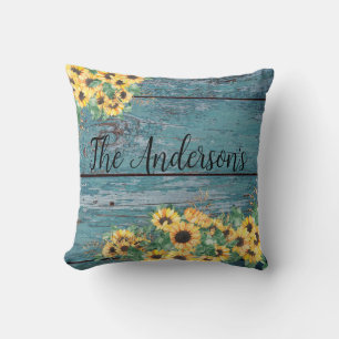 Sunflower Family Name Blue Throw Pillow