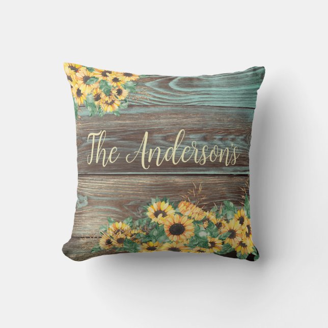 Sunflower Family Name Farmhouse Throw Pillow (Front)