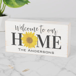 Sunflower Family Name White Welcome Wooden Box Sign
