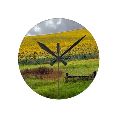 Sunflower Farm, wooden fence & phone pole Round Clock