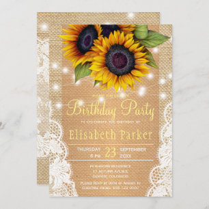 Sunflower farmhouse burlap and lace birthday party invitation