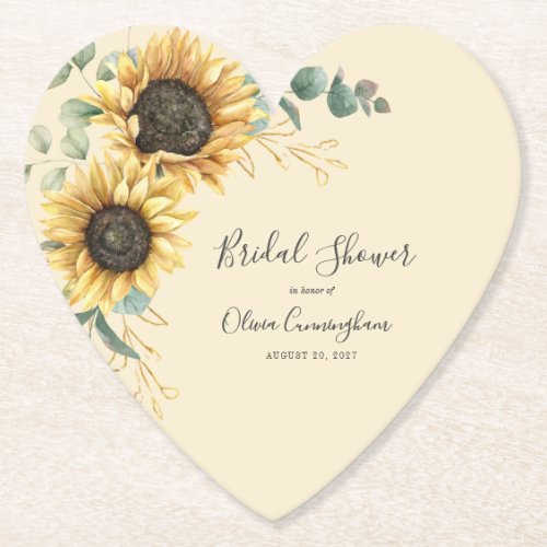 Sunflower Faux Gold Floral Script Bridal Shower Paper Coaster